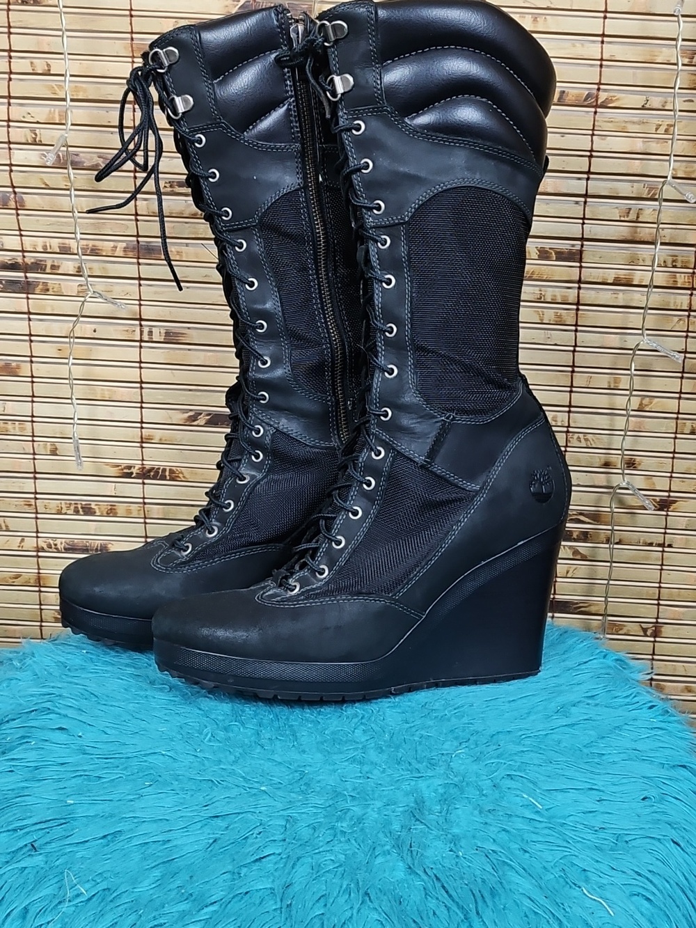 Timberland Black Lace-Up Wedge Combat Boots